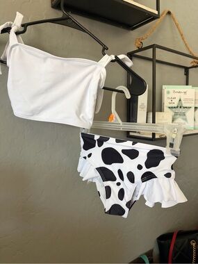 Amazon Kids Black and White Cow Print Ruffle Bikini Set